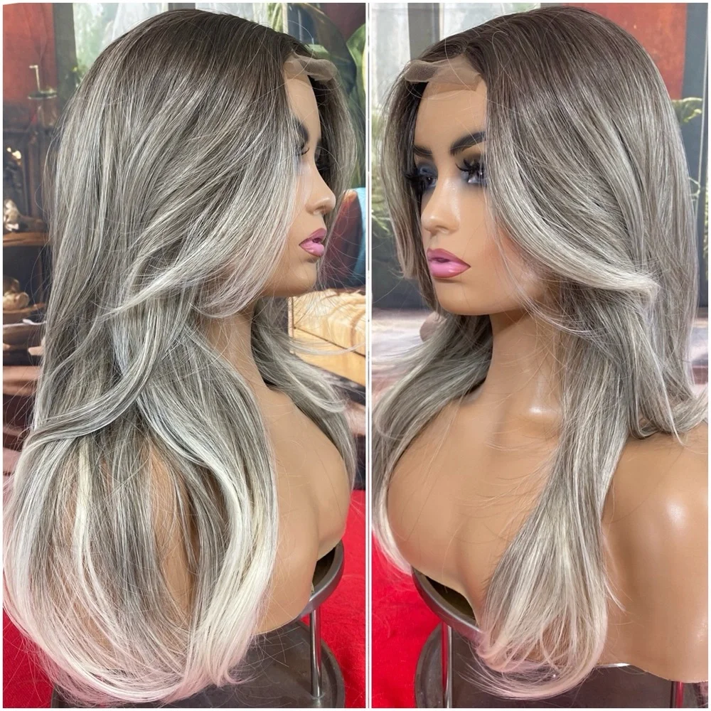center lace grey white mixed layered wig